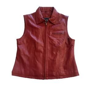 Women's Vintage Y2k Saguaro Red Leather Zip Up Lined Biker Vest Jacket Sz Large